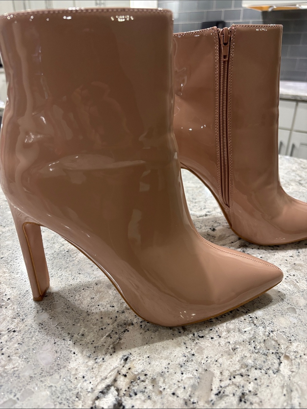 Patent Pointed-Toe Ankle Boots in Nude